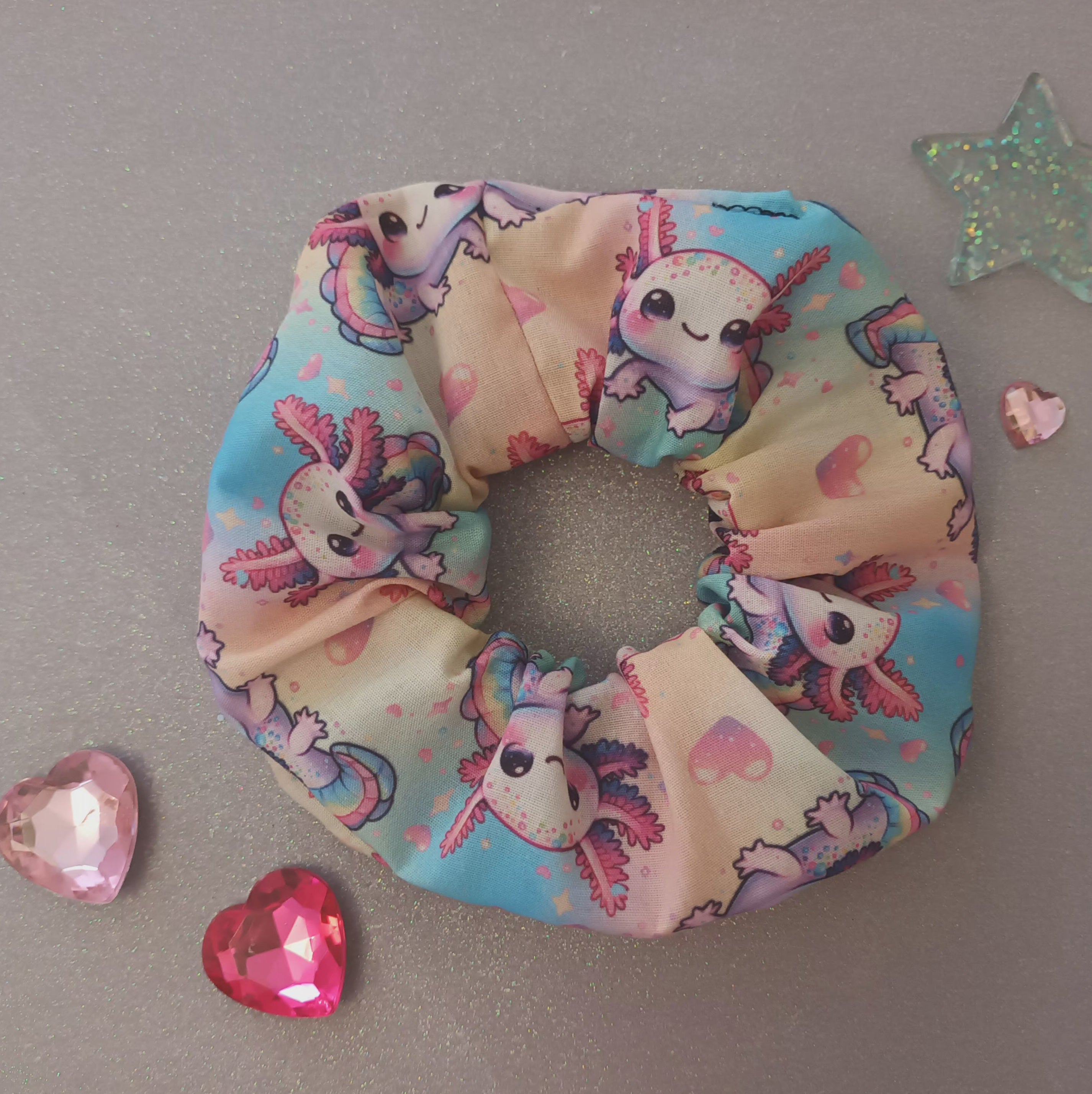 Axolotl rainbow hair scrunchie 