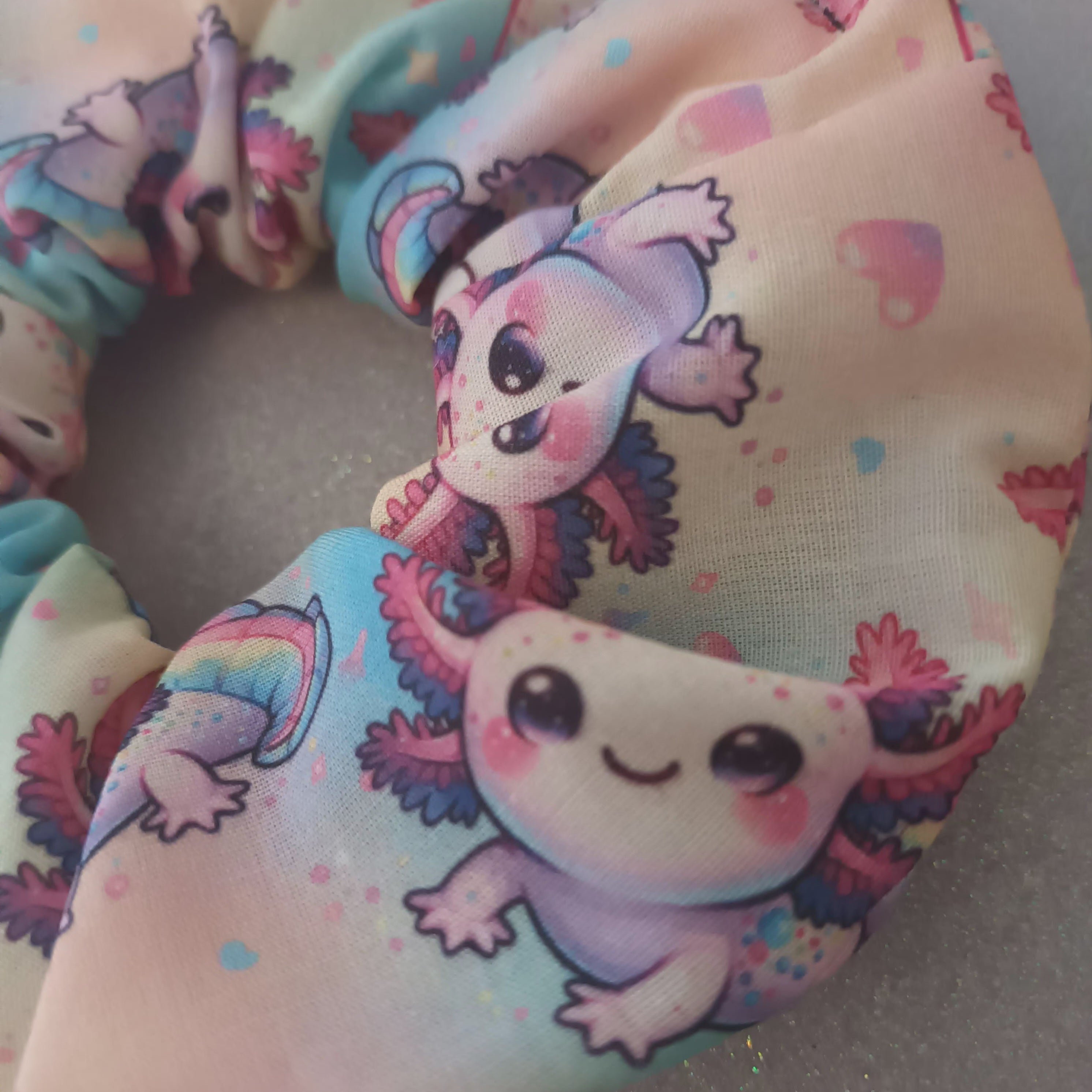 Axolotl rainbow hair scrunchie 