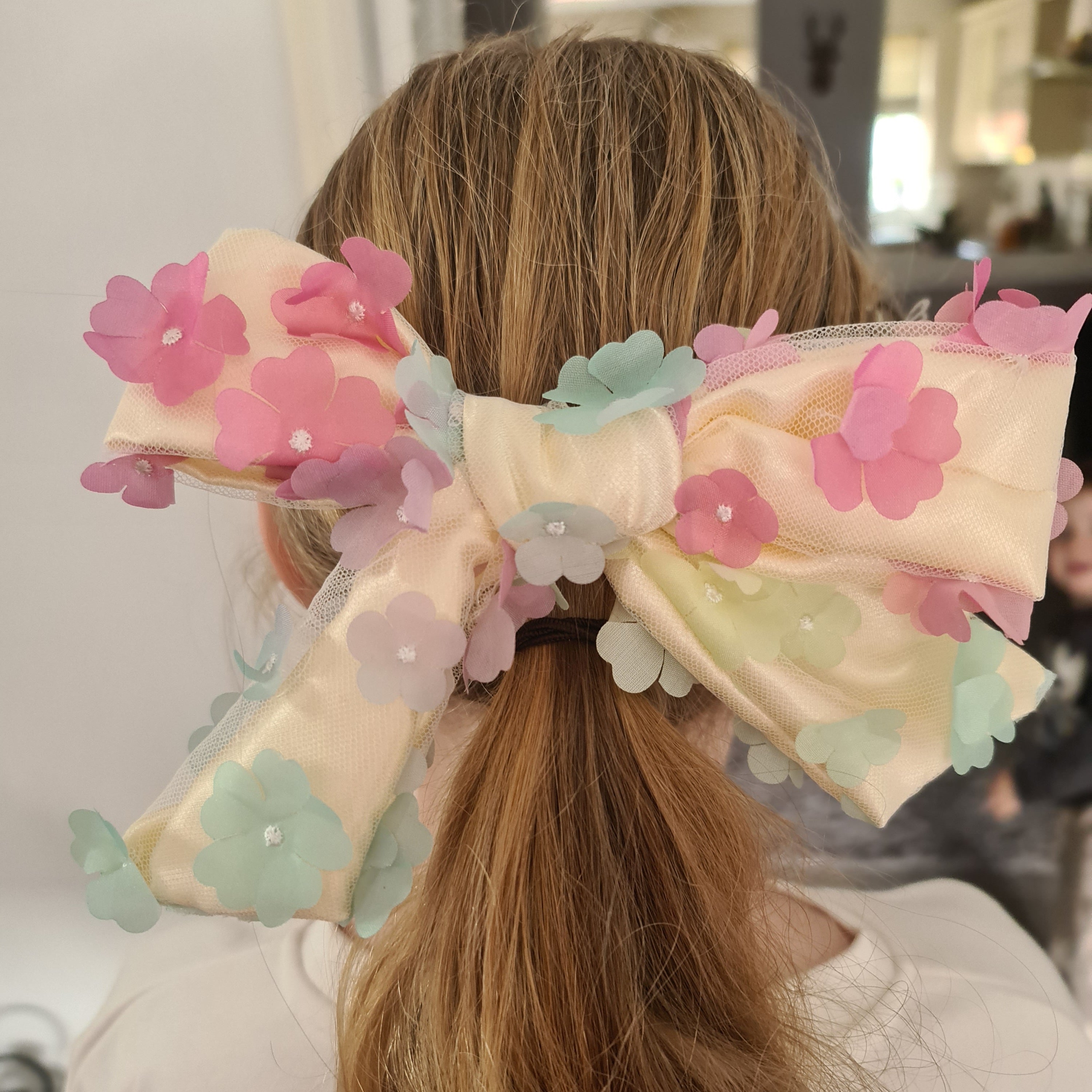 Raimbow floral 3D embroidered fabric hair bow