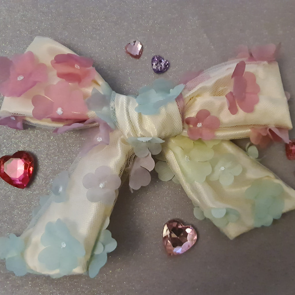 Raimbow floral 3D embroidered fabric hair bow