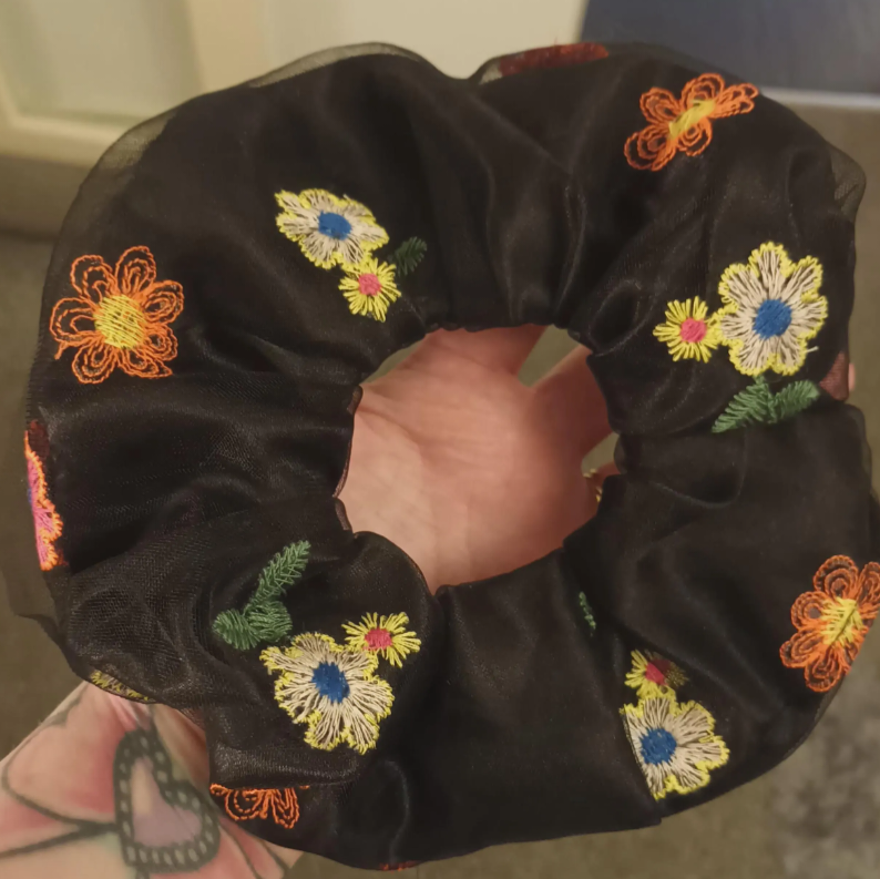 Floral tulle embroidered hair scrunchie 