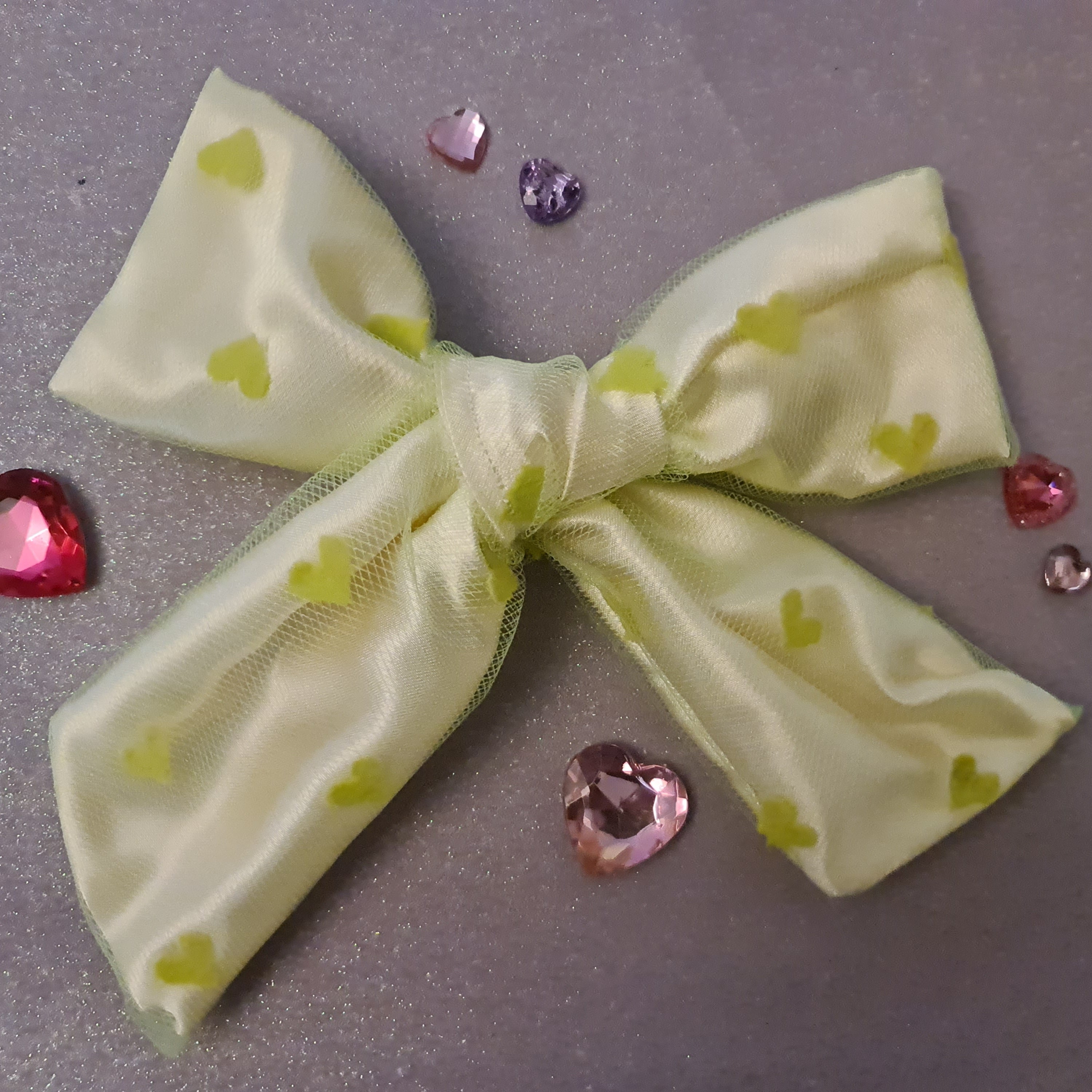 Green tulle heart print fabric har bow clip