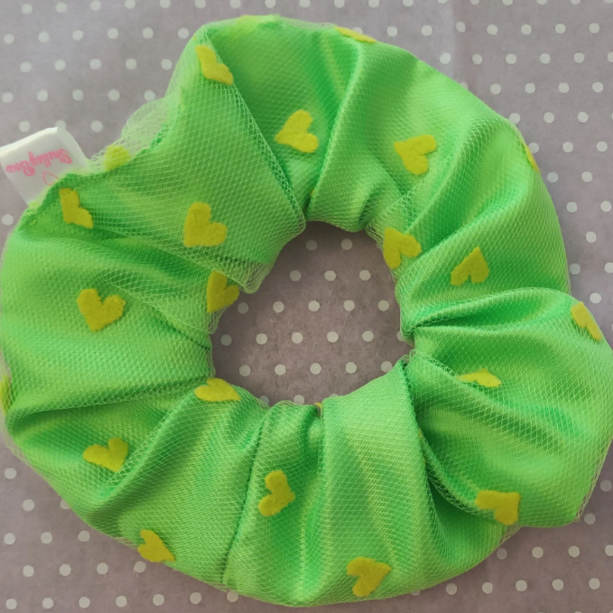 Neon green tulle scrunchie with hearts 