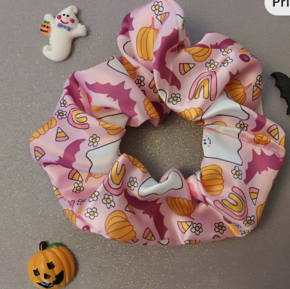 Pink bats ghosts and candy corn halloween satin scrunchie 