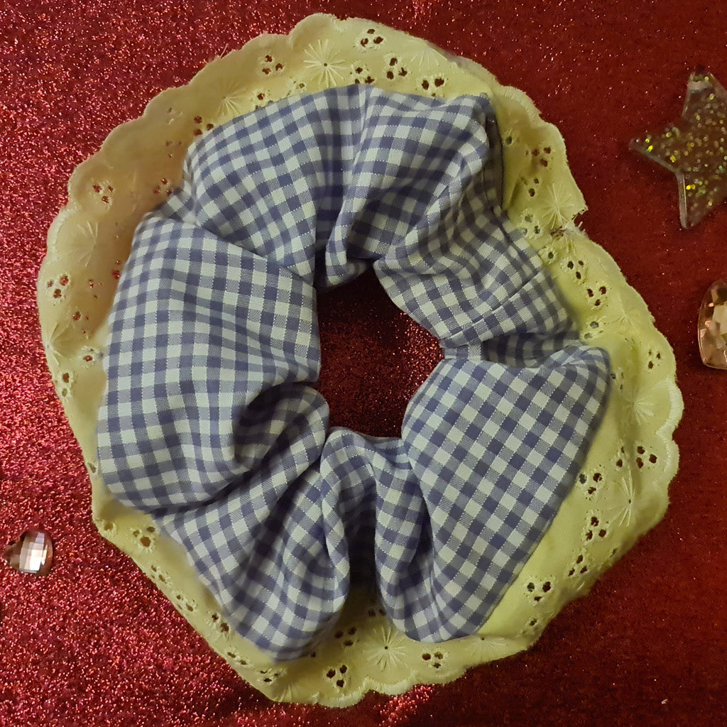 Large purple gingham scrunchie with yellow lace trim