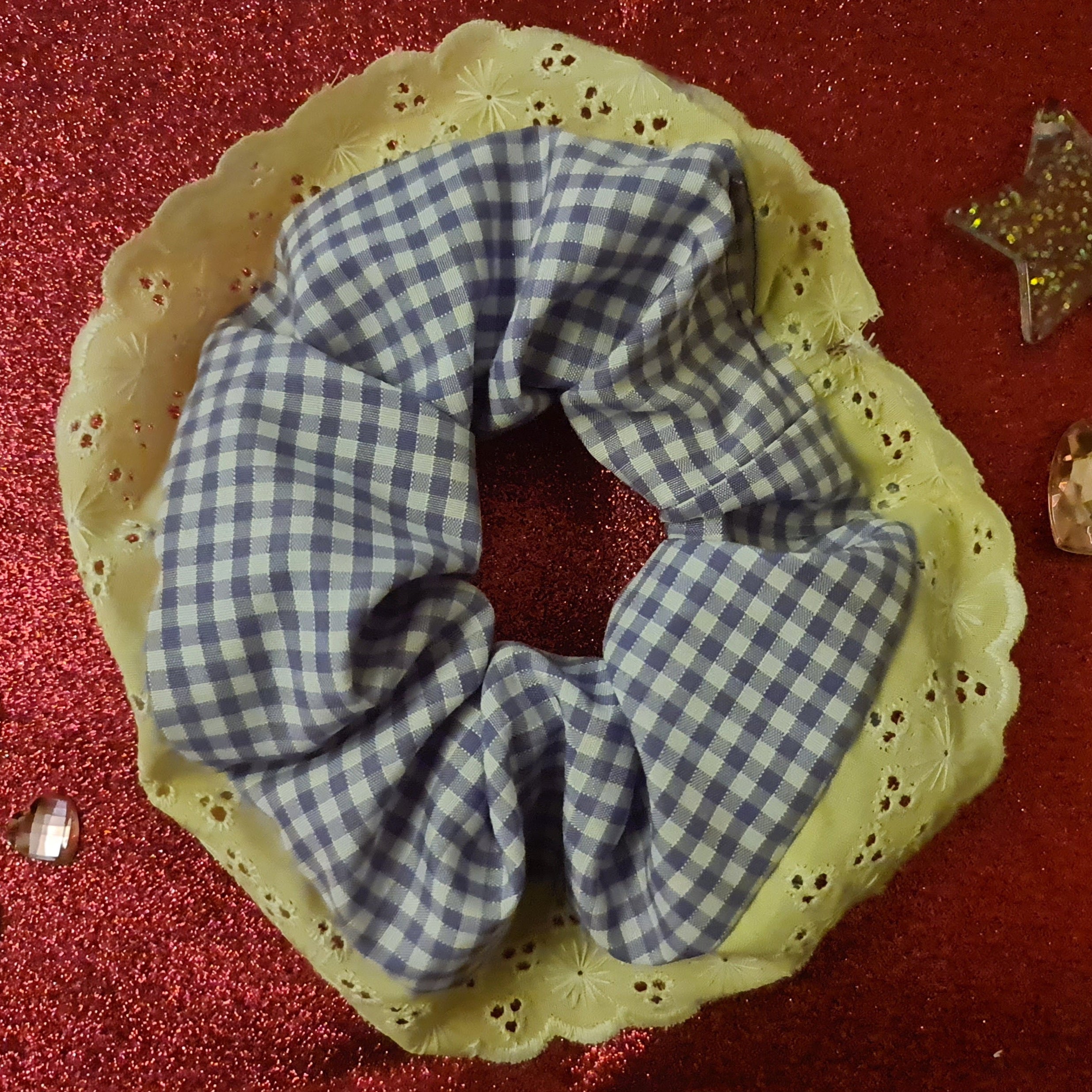 Large purple gingham scrunchie with yellow lace trim