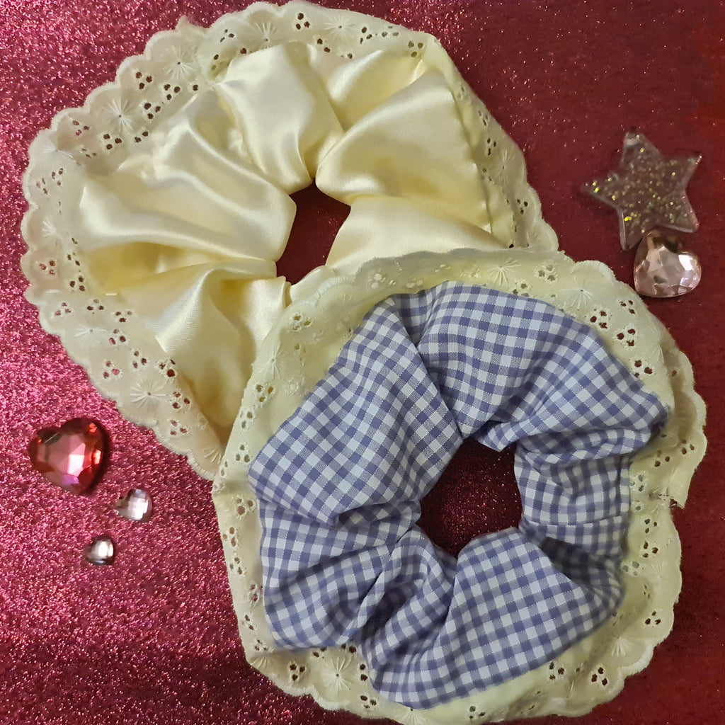 large lace trim scrunchies, one purple gingham and one yellow satin