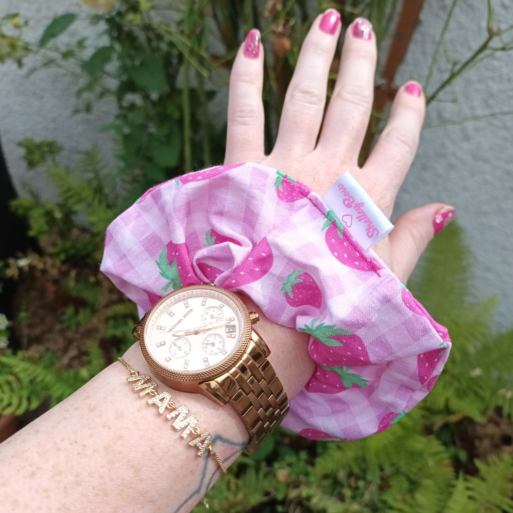 Pink strawberry print hair scrunchie 