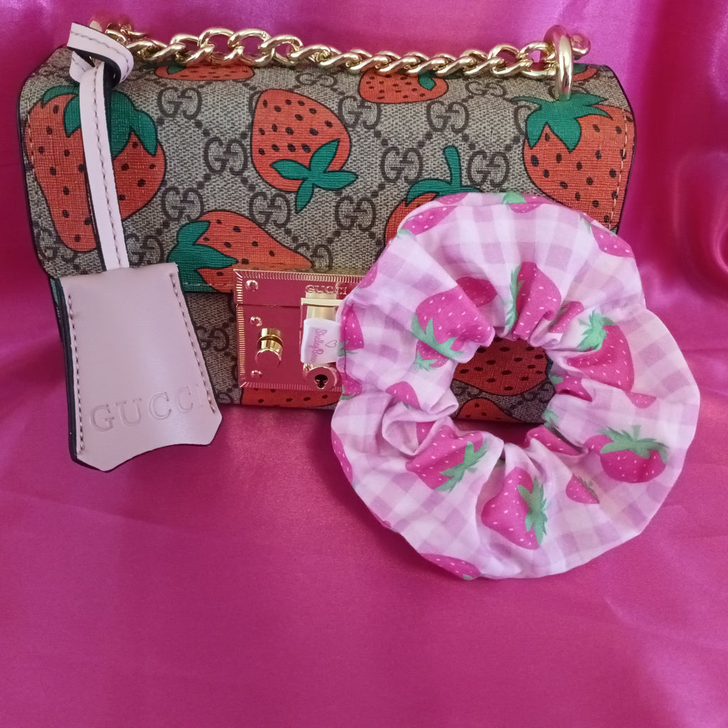 Pink strawberry print hair scrunchie 
