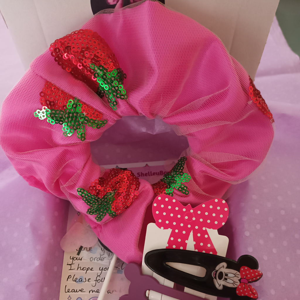 Sequin strawberry embroidered on a scrunchie 