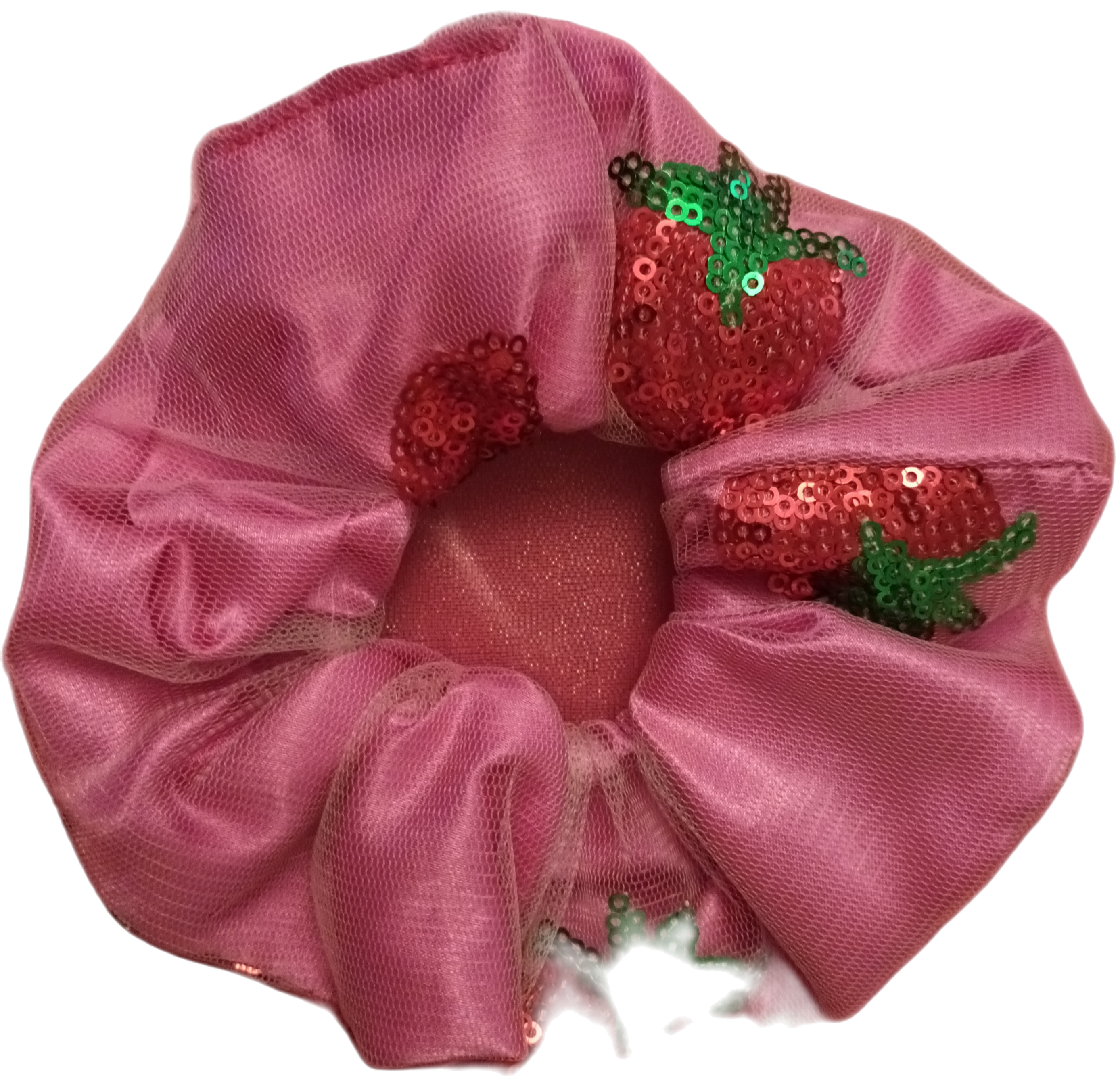 Sequin strawberry embroidered on a scrunchie 