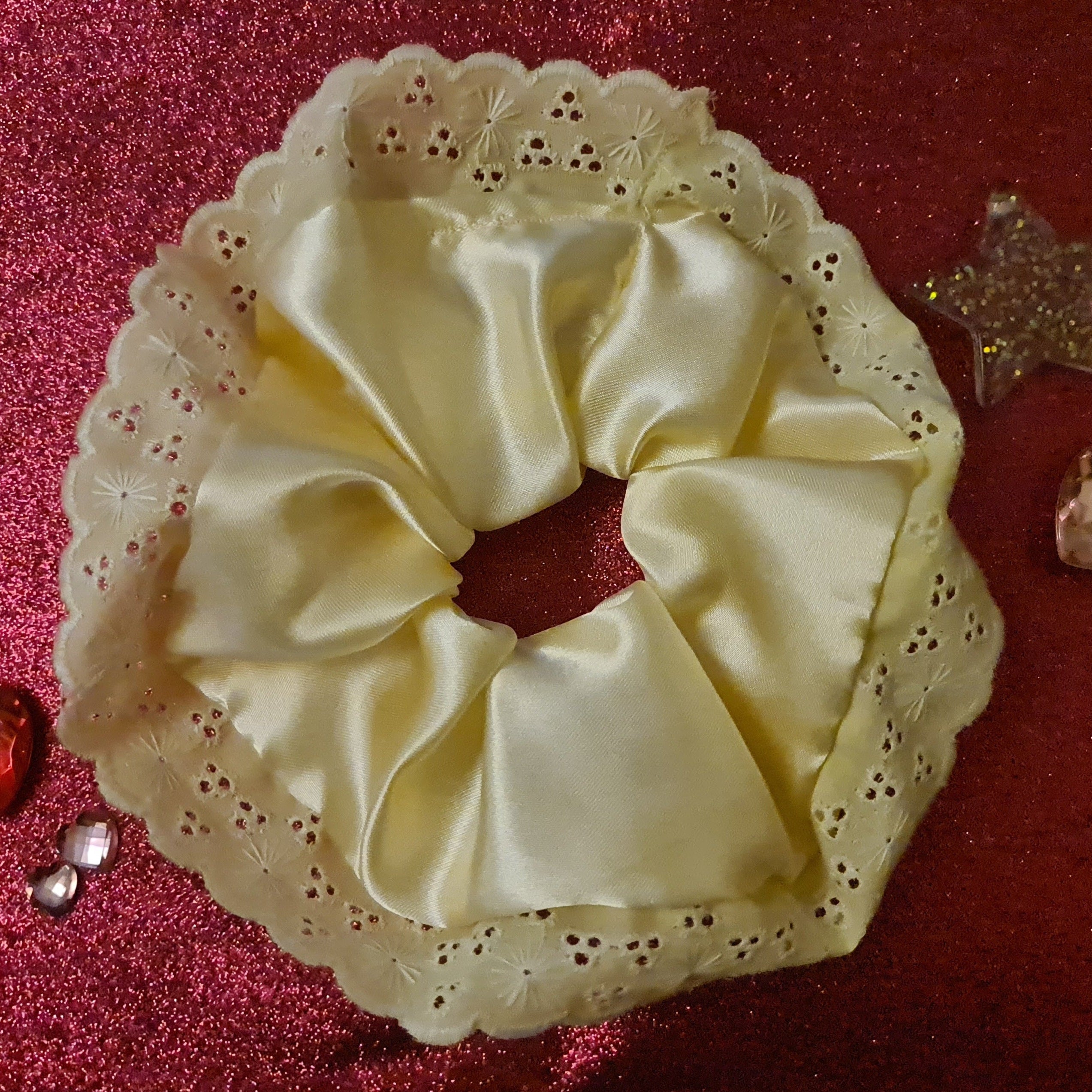 large yelow satin scrunchie with yellow lace trim edge