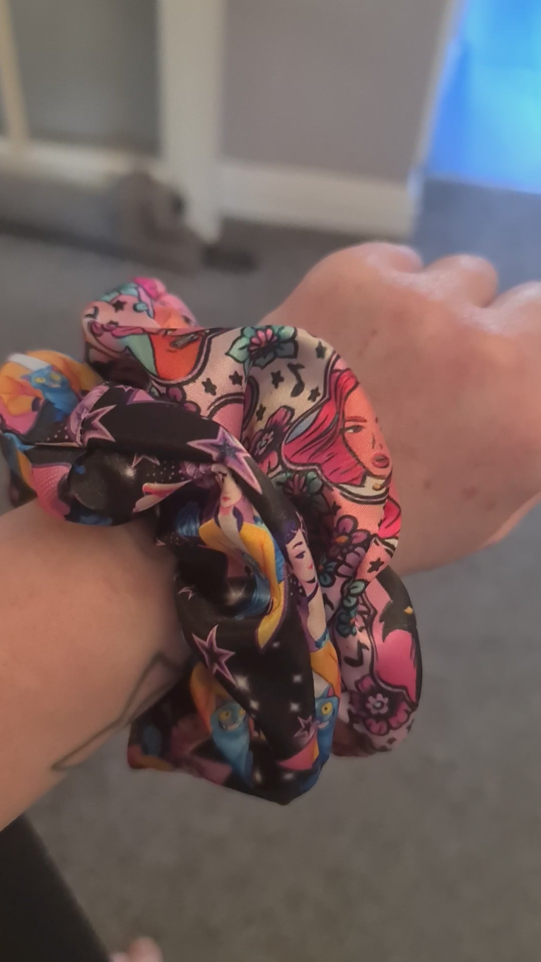 Colorful Kpop Demon Hunters scrunchie with derpy tiger, sissy, rumi, mira and zoe on a satin fabric 