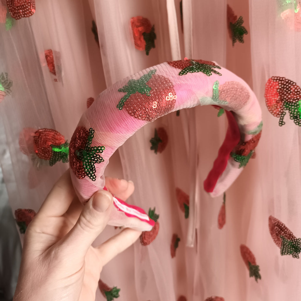 Pink headband with sequin strawberry embellishments